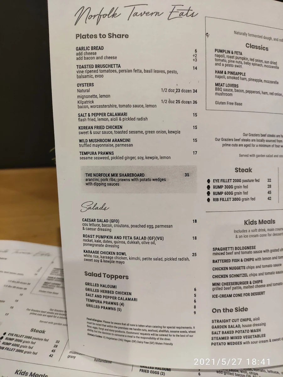 Menu, Norfolk Tavern