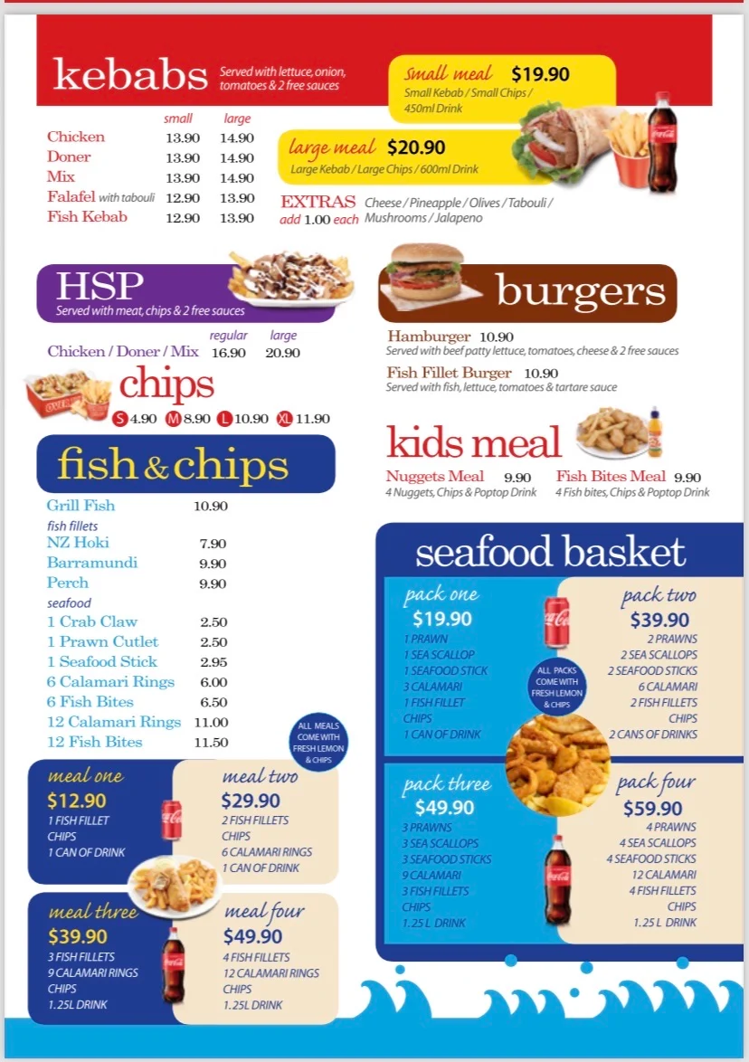 Menu, Over the top kebab kebabs fish & chips (Brassall)