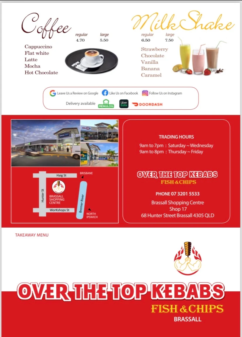 Menu, Over the top kebab kebabs fish & chips (Brassall)
