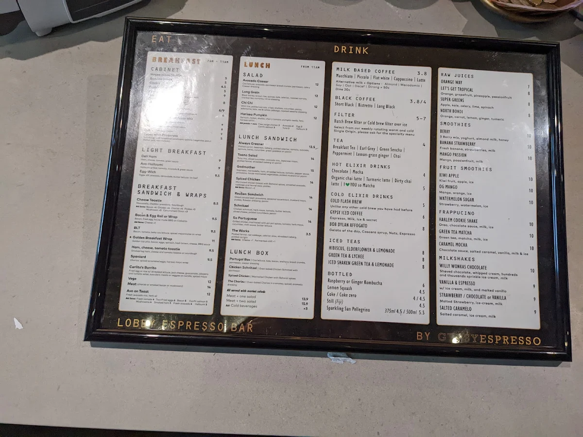 Menu, Lobby Espresso Bar by Gypsy