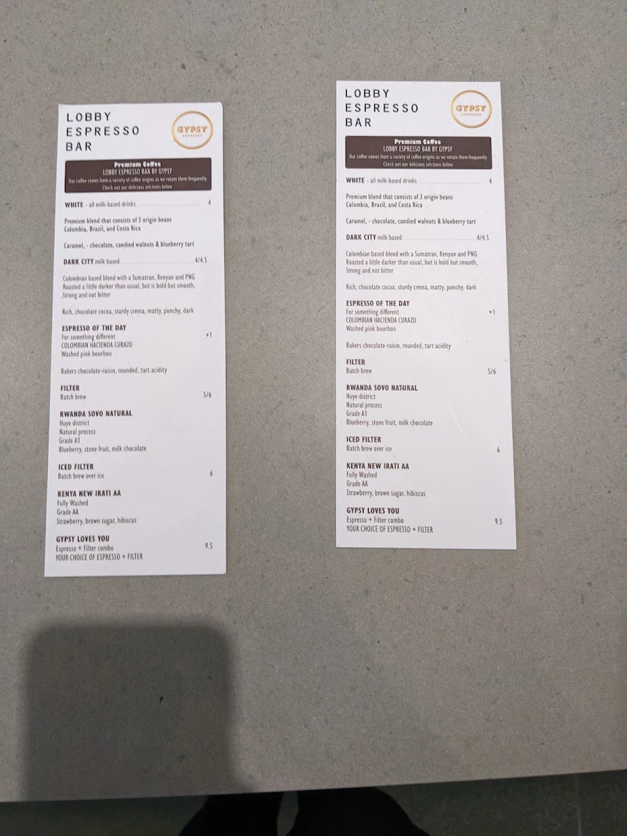 Menu, Lobby Espresso Bar by Gypsy