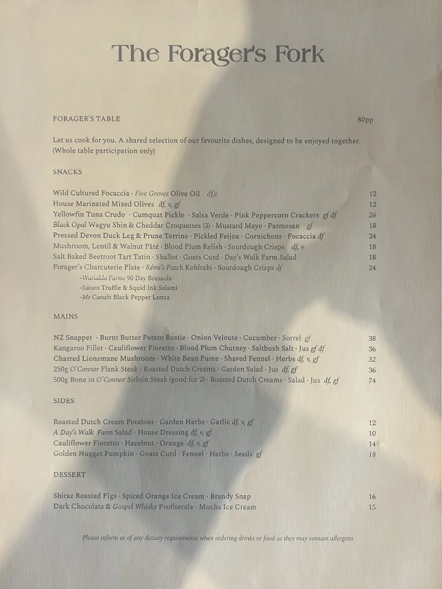 Menu, The Forager’s Fork