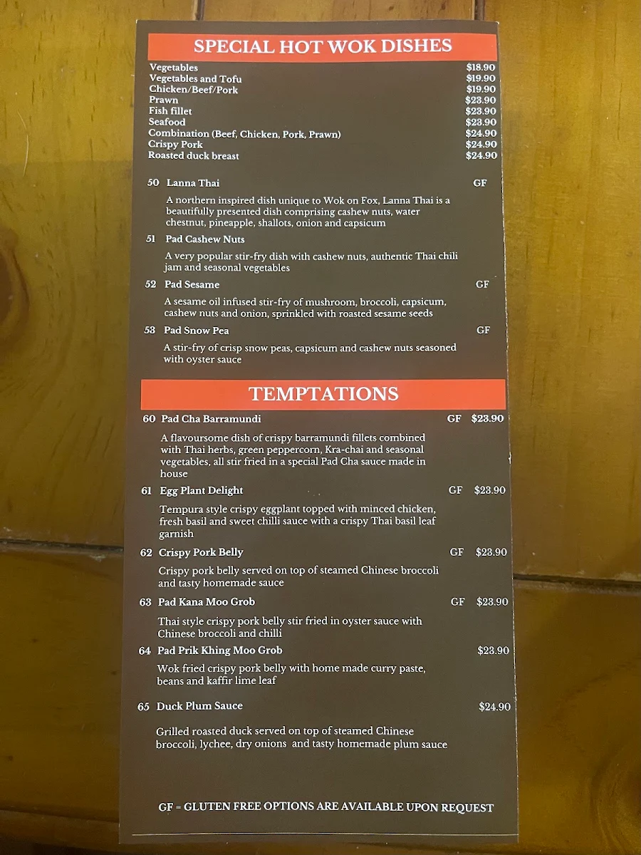 Menu, Wok on Fox