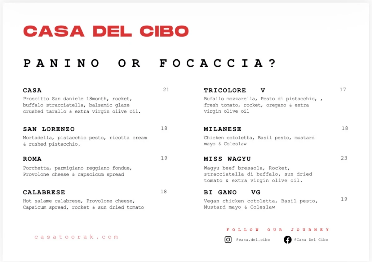 Menu, Casa Del Cibo