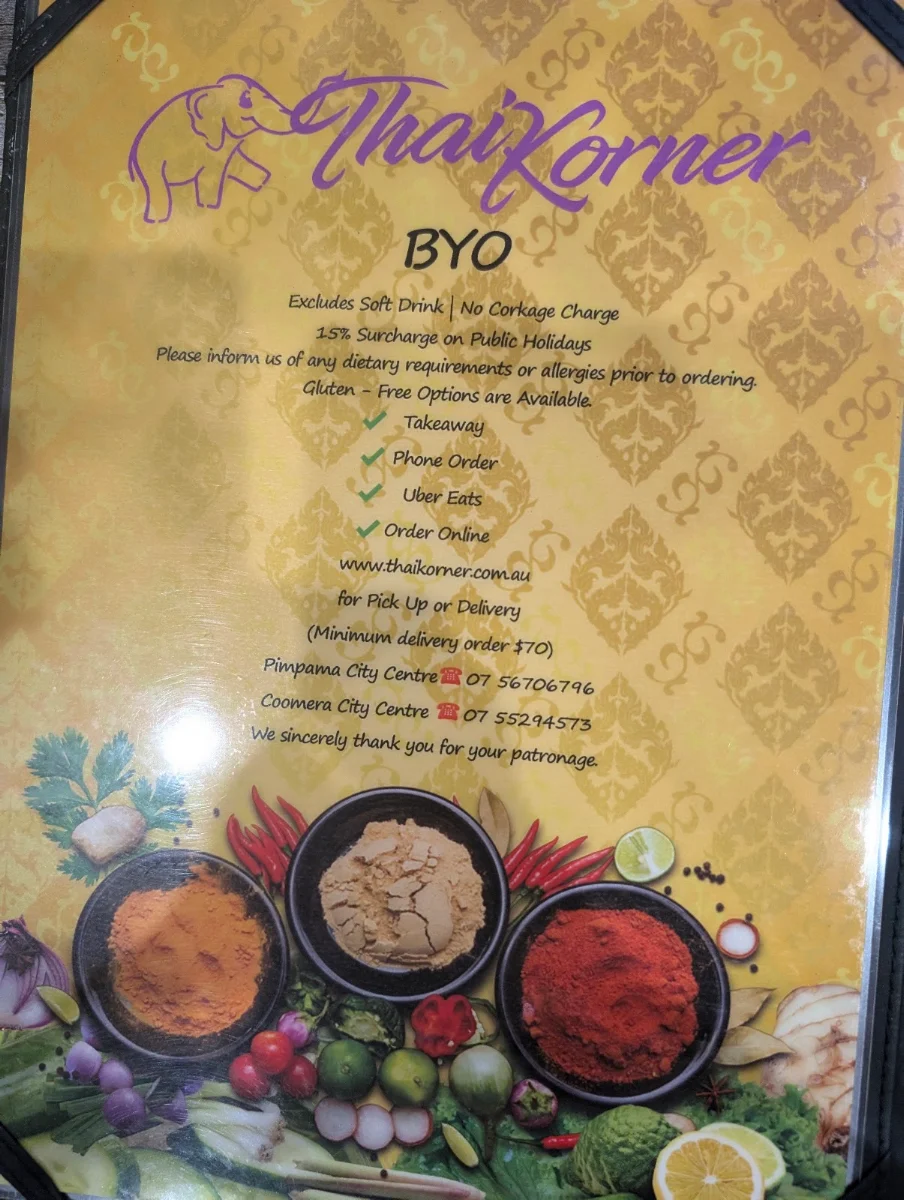 Menu, Thai Korner Pimpama City Centre