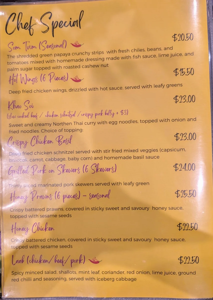 Menu, Thai Korner Pimpama City Centre