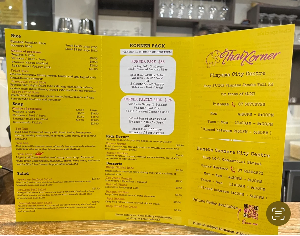 Menu, Thai Korner Pimpama City Centre