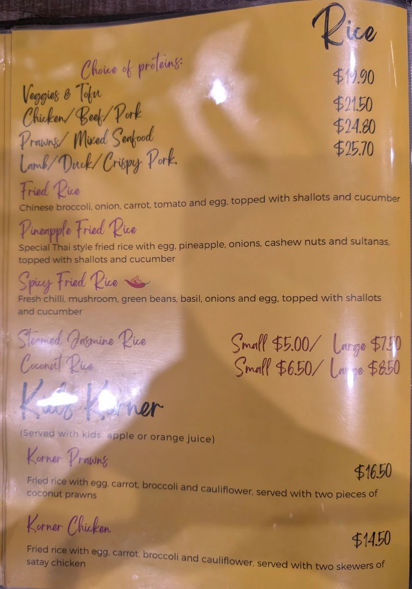 Menu, Thai Korner Pimpama City Centre