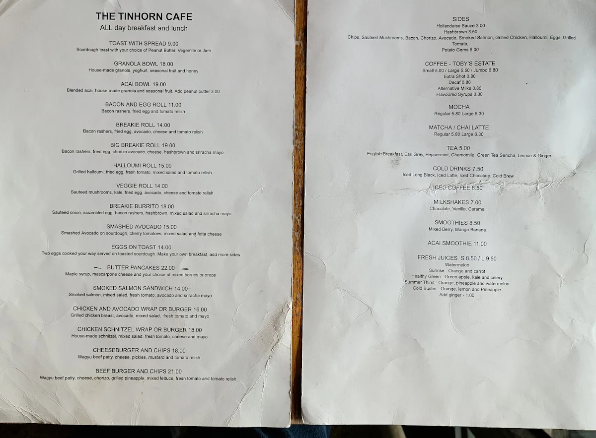 Menu, The Tinhorn Cafe