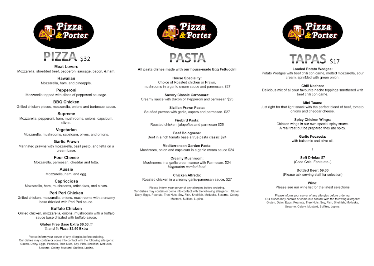 Menu, Pizza & Porter