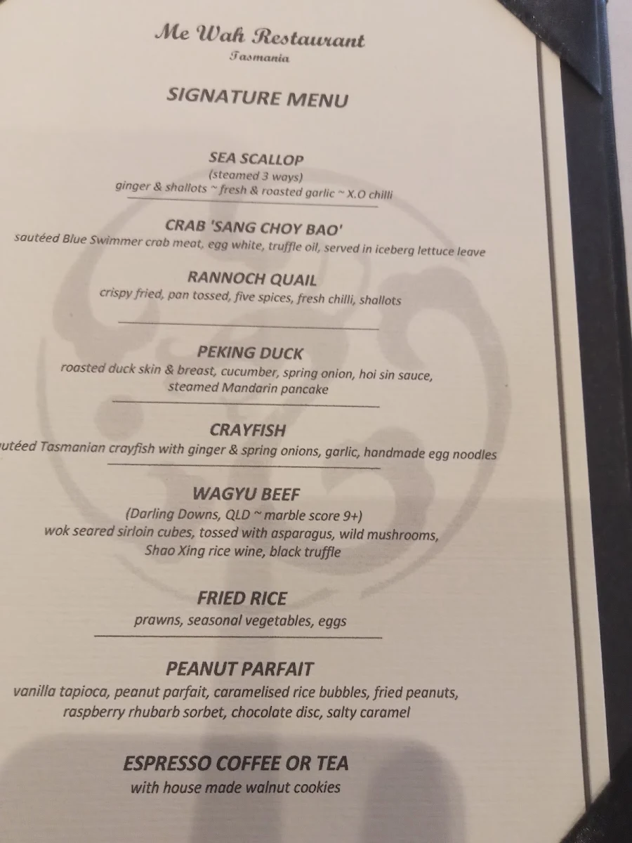 Menu, Me Wah Restaurant