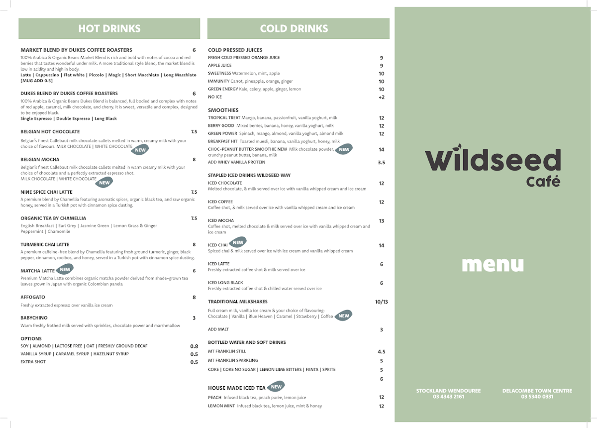 Menu, Wildseed Cafe Delacombe
