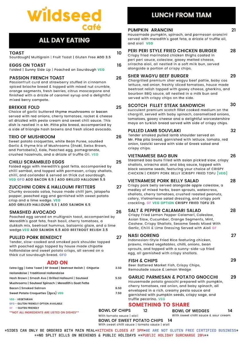 Menu, Wildseed Cafe Delacombe