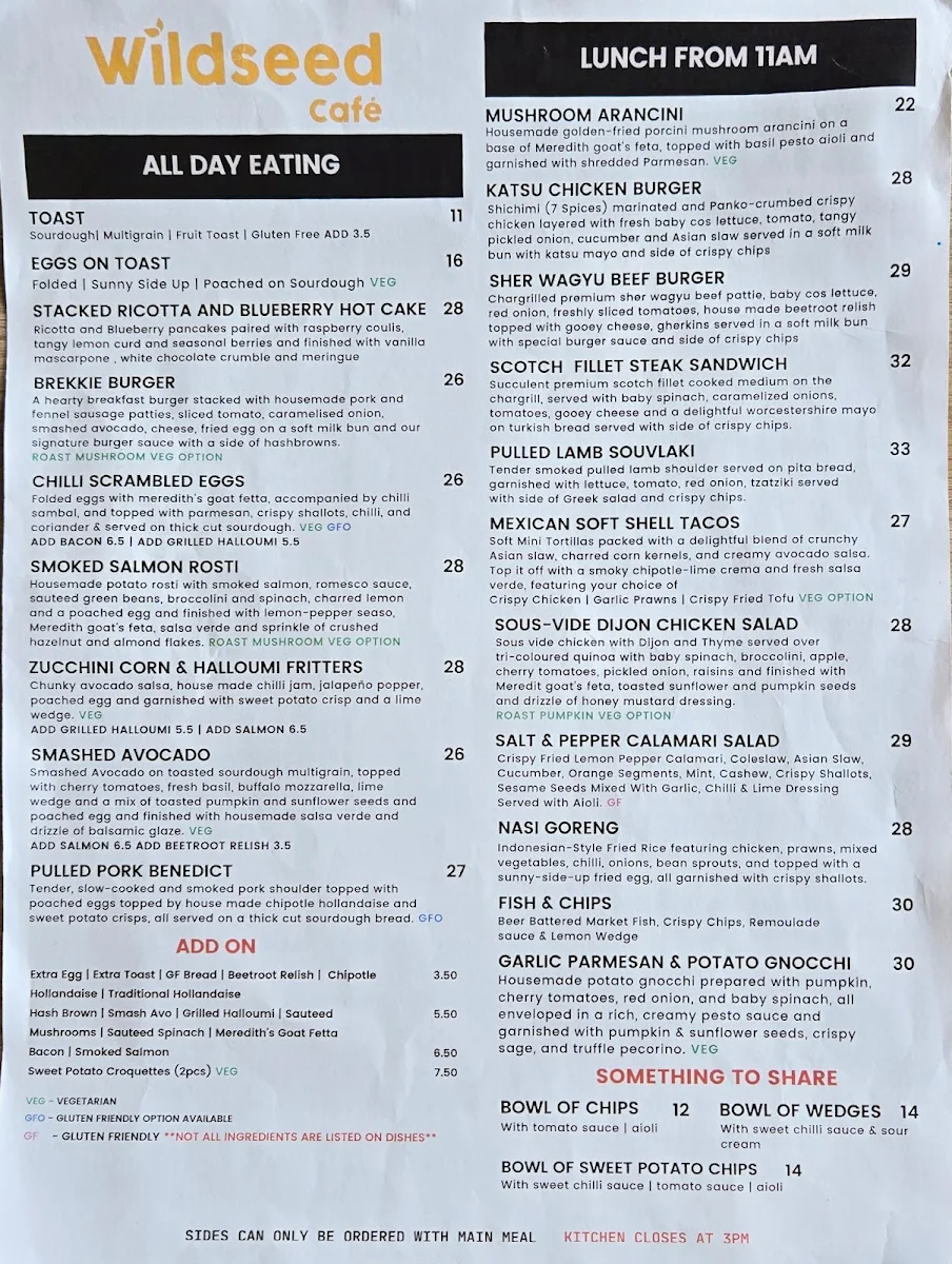 Menu, Wildseed Cafe Delacombe