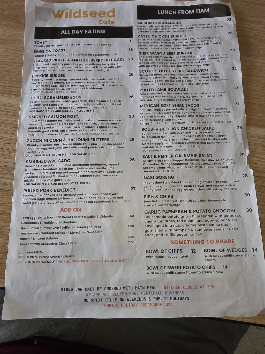 Menu, Wildseed Cafe Delacombe