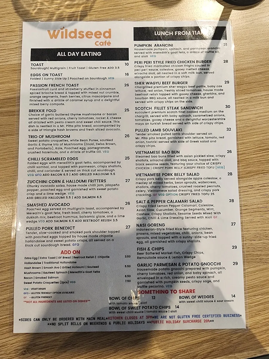 Menu, Wildseed Cafe Delacombe