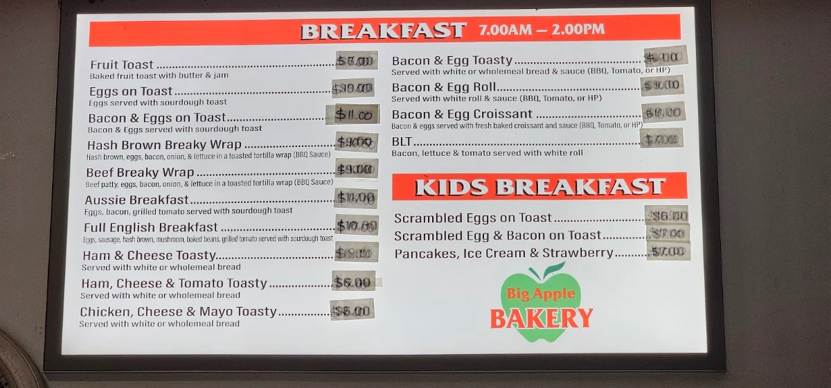 Menu, Big Apple Bakery