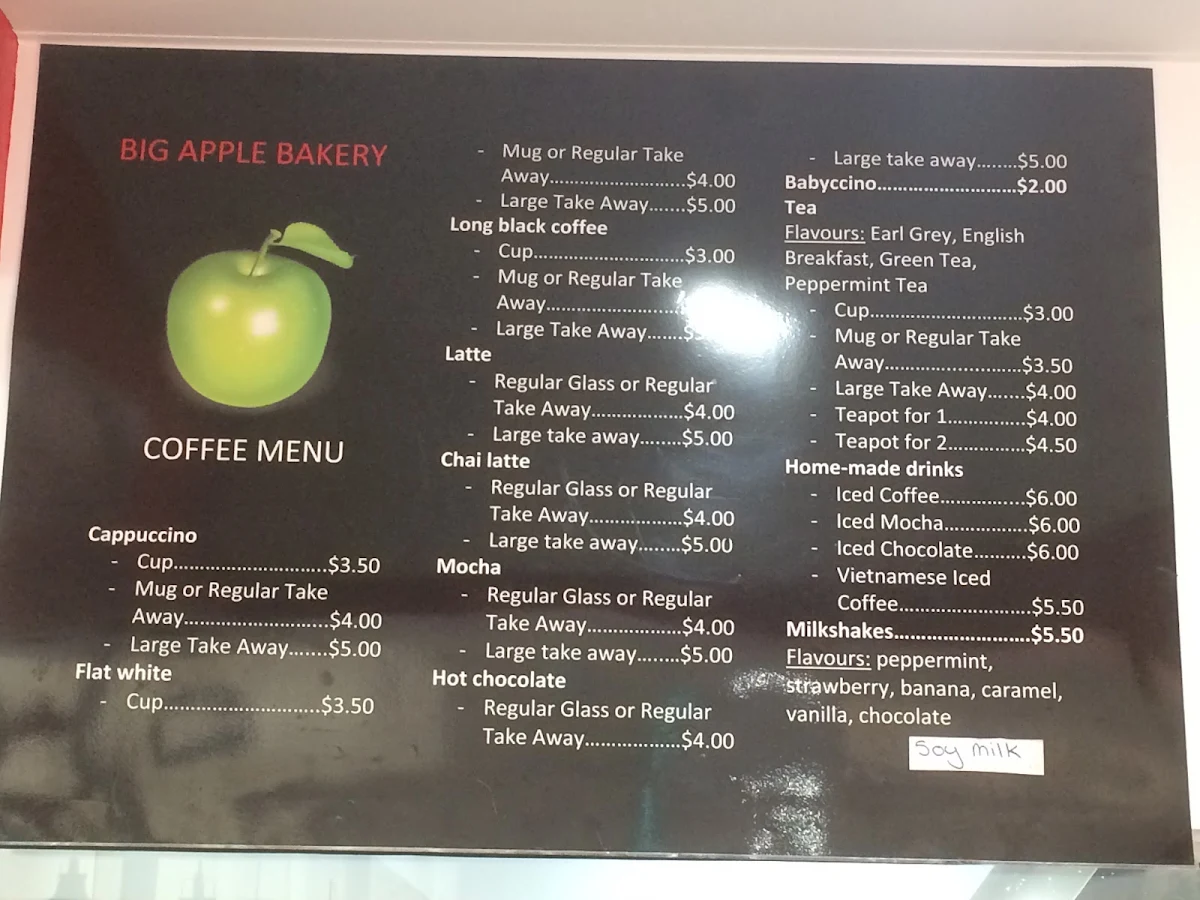 Menu, Big Apple Bakery