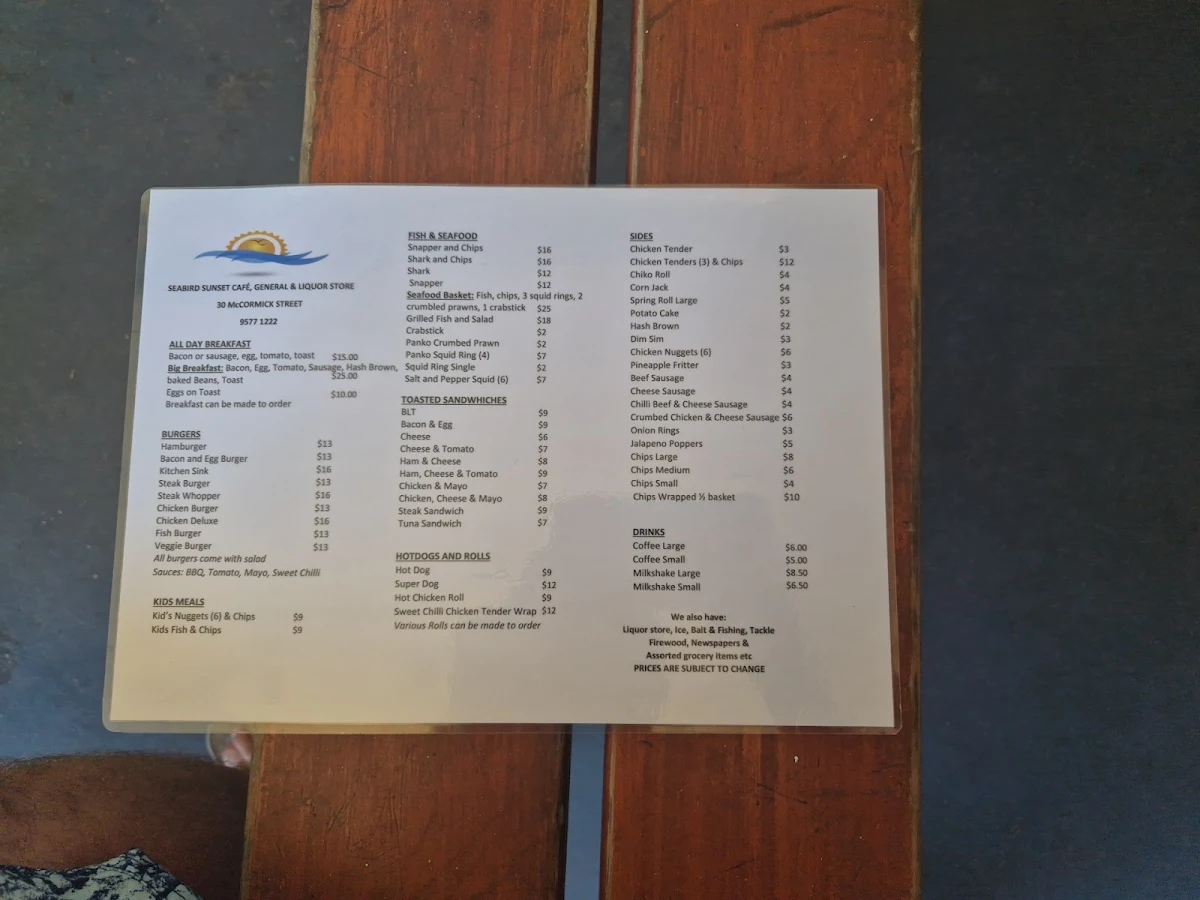 Menu, Seabird Sunset Cafe