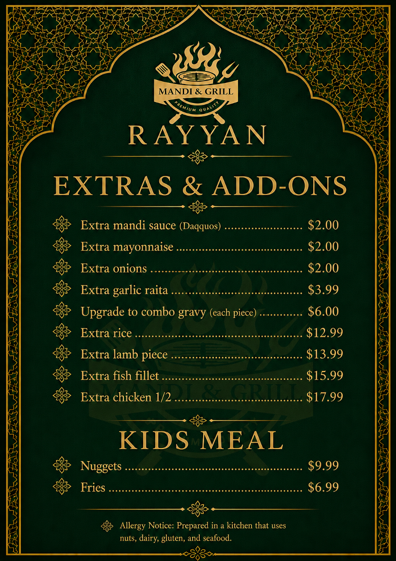 Menu, Rayyan Mandi & Grill