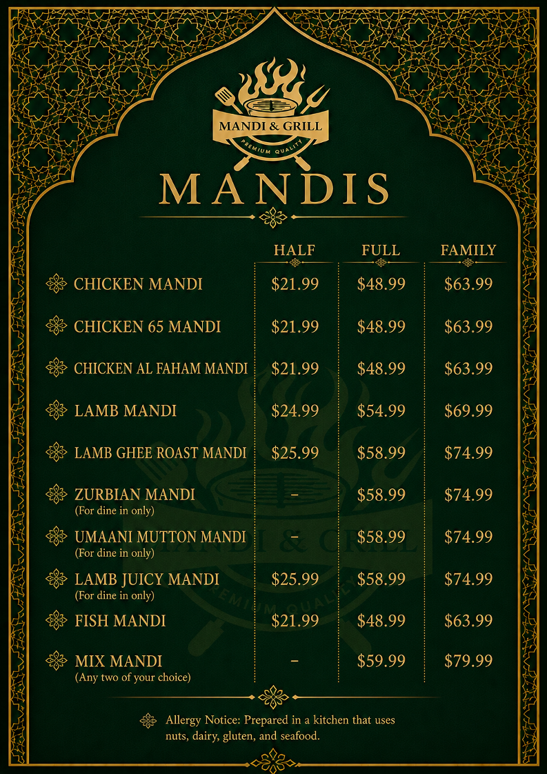 Menu, Rayyan Mandi & Grill