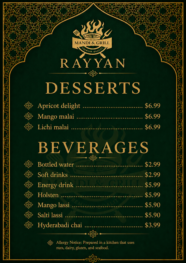 Menu, Rayyan Mandi & Grill