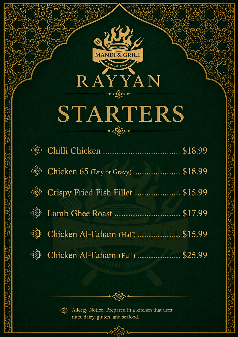 Menu, Rayyan Mandi & Grill