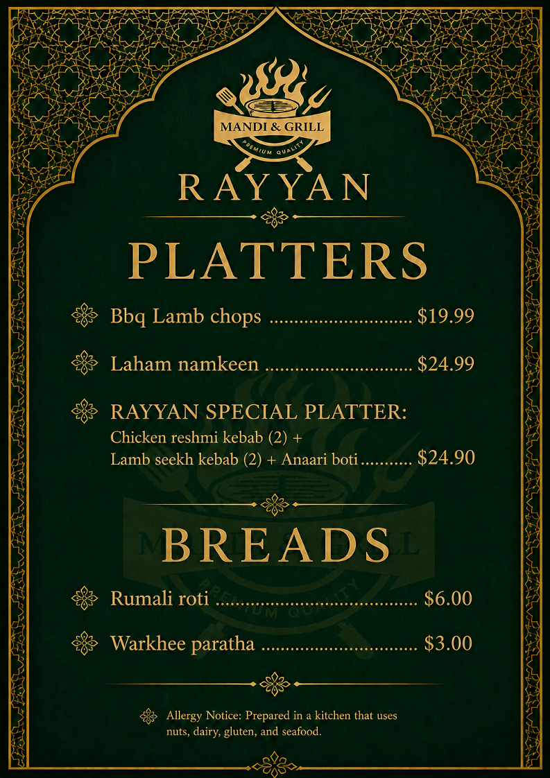 Menu, Rayyan Mandi & Grill