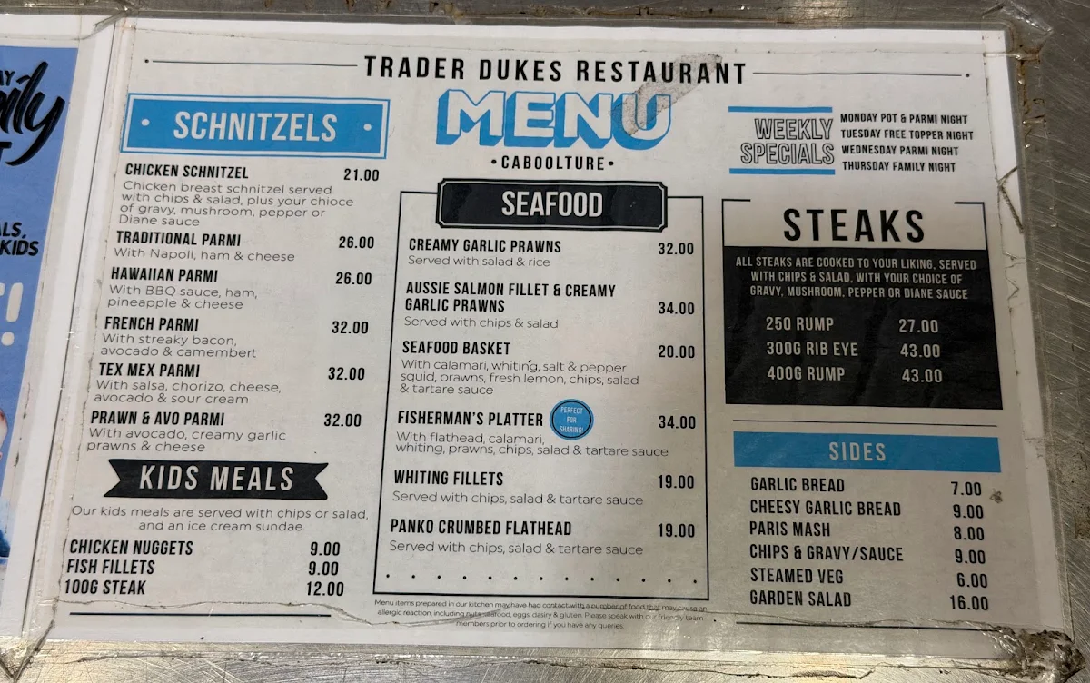 Menu, Trader Dukes Caboolture