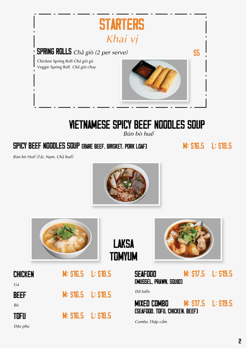Menu, King’s Noodles Vietnamese