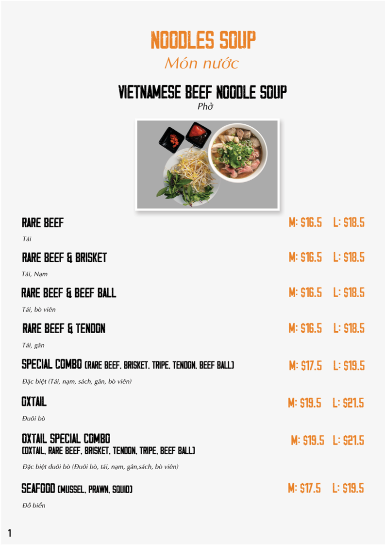 Menu, King’s Noodles Vietnamese