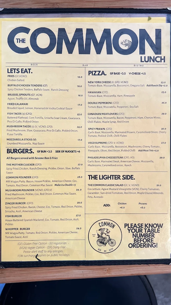 Menu, The Common Bistro