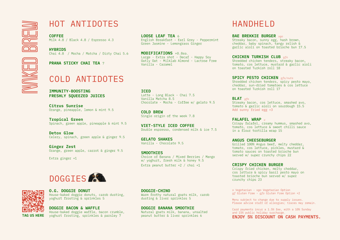 Menu, Naked Brew