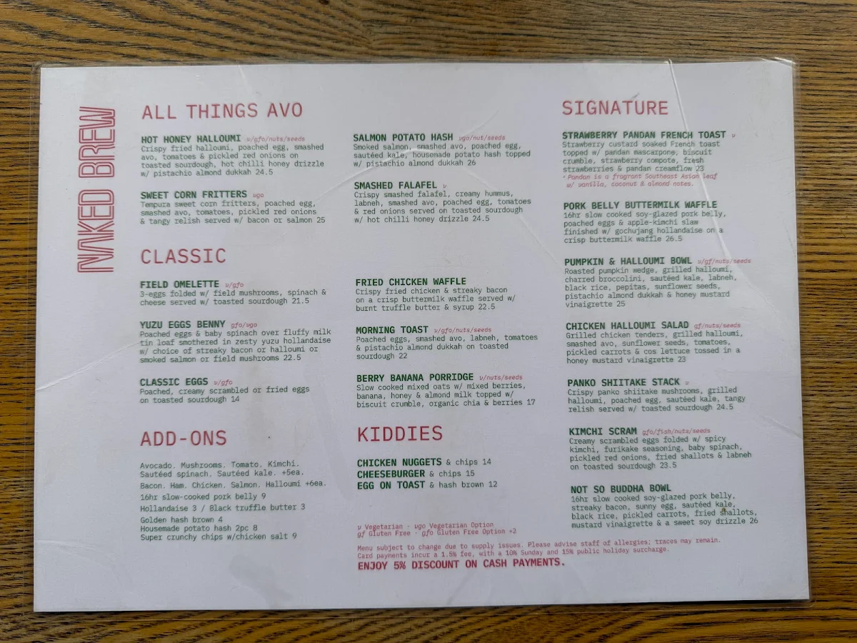 Menu, Naked Brew