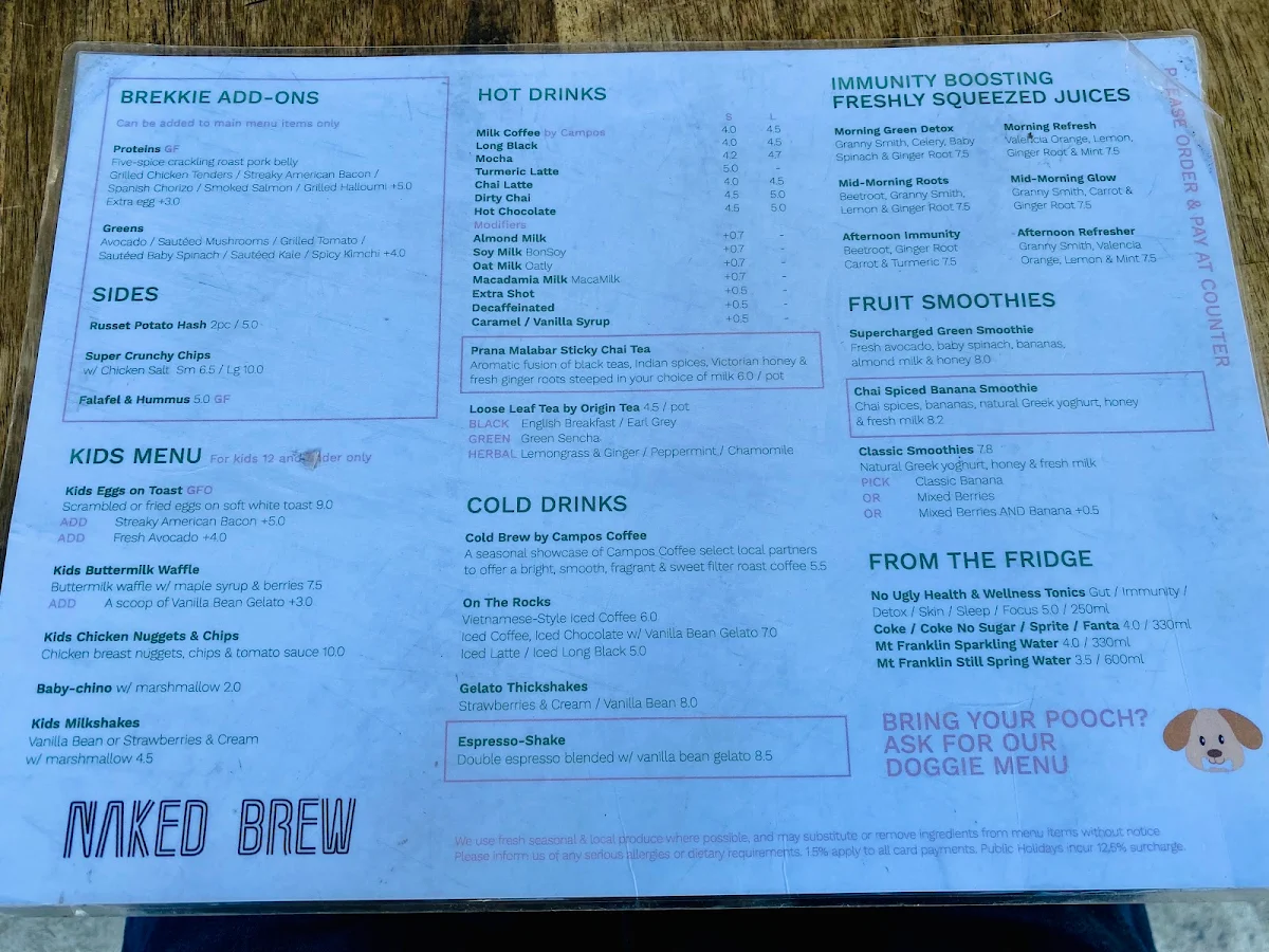Menu, Naked Brew