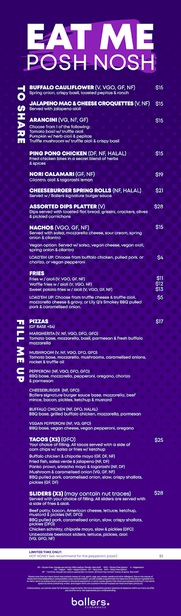 Menu, Ballers Clubhouse