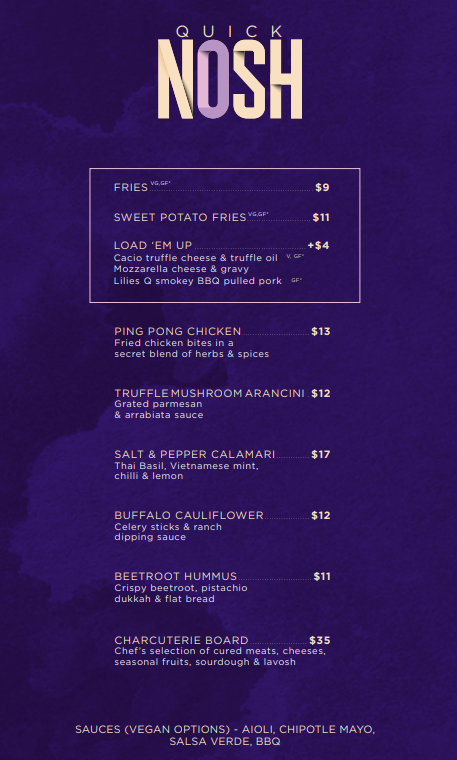 Menu, Ballers Clubhouse