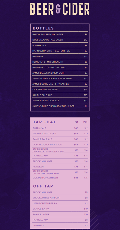 Menu, Ballers Clubhouse