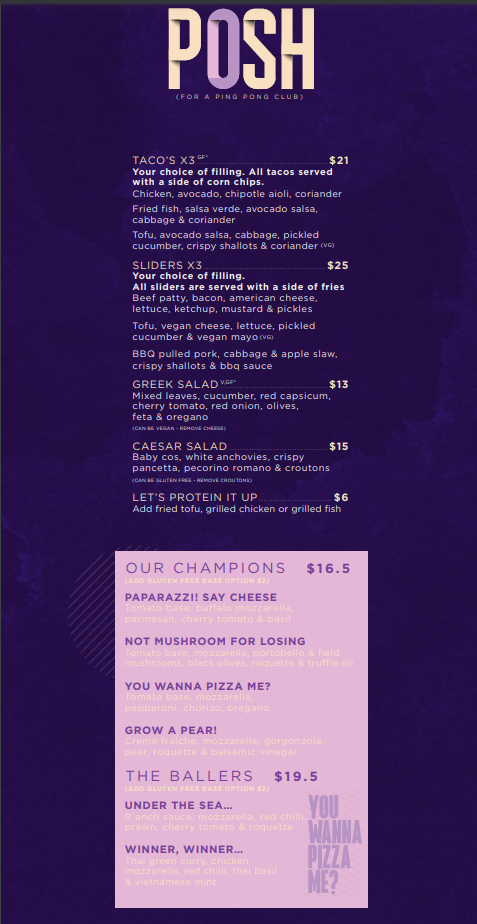 Menu, Ballers Clubhouse