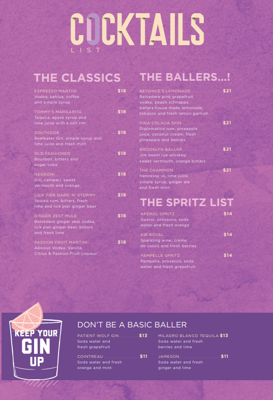Menu, Ballers Clubhouse