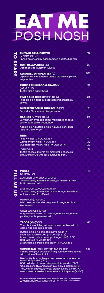 Menu, Ballers Clubhouse