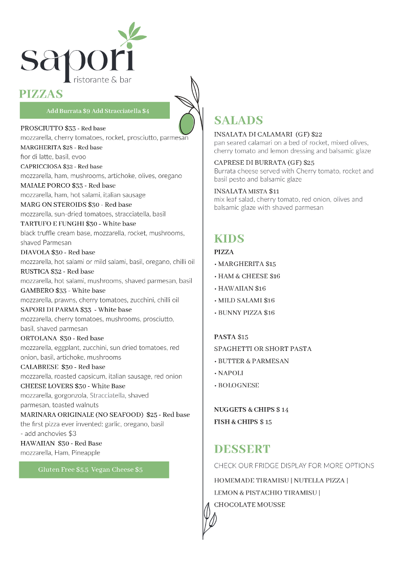 Menu, Sapori Kirra Beach