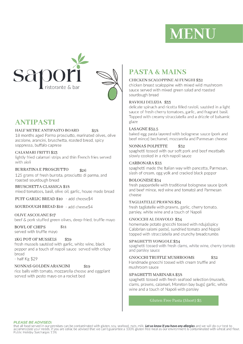 Menu, Sapori Kirra Beach