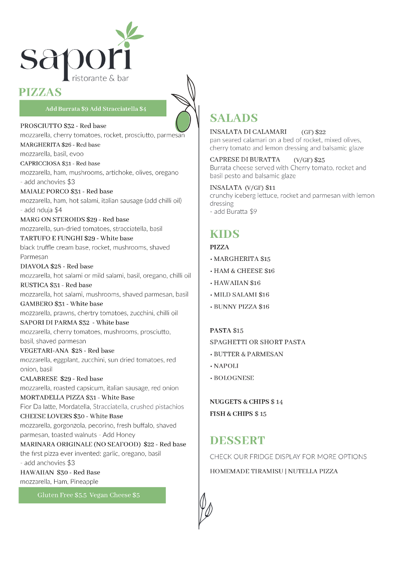 Menu, Sapori Kirra Beach