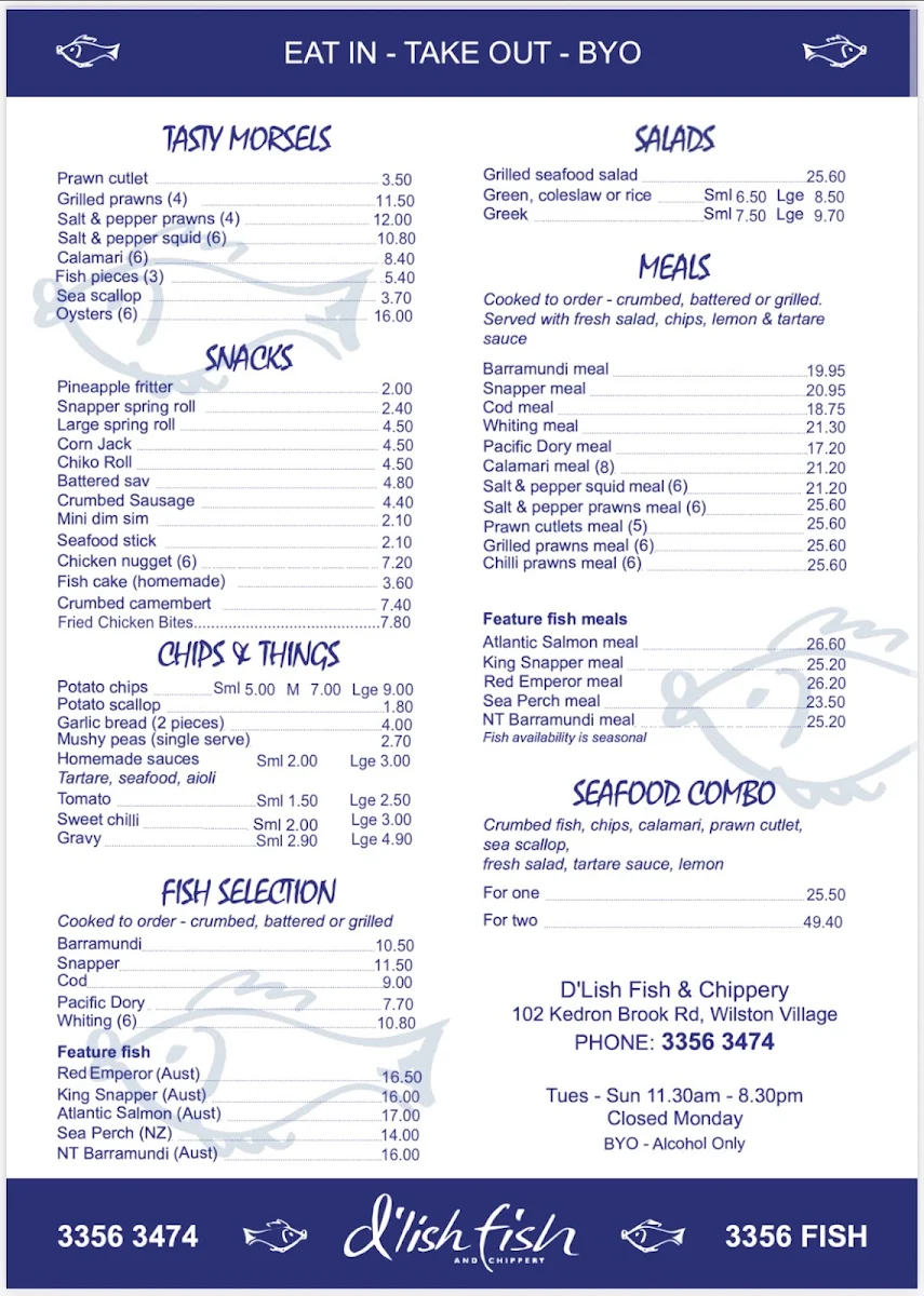 Menu, D'lish Fish and Chippery