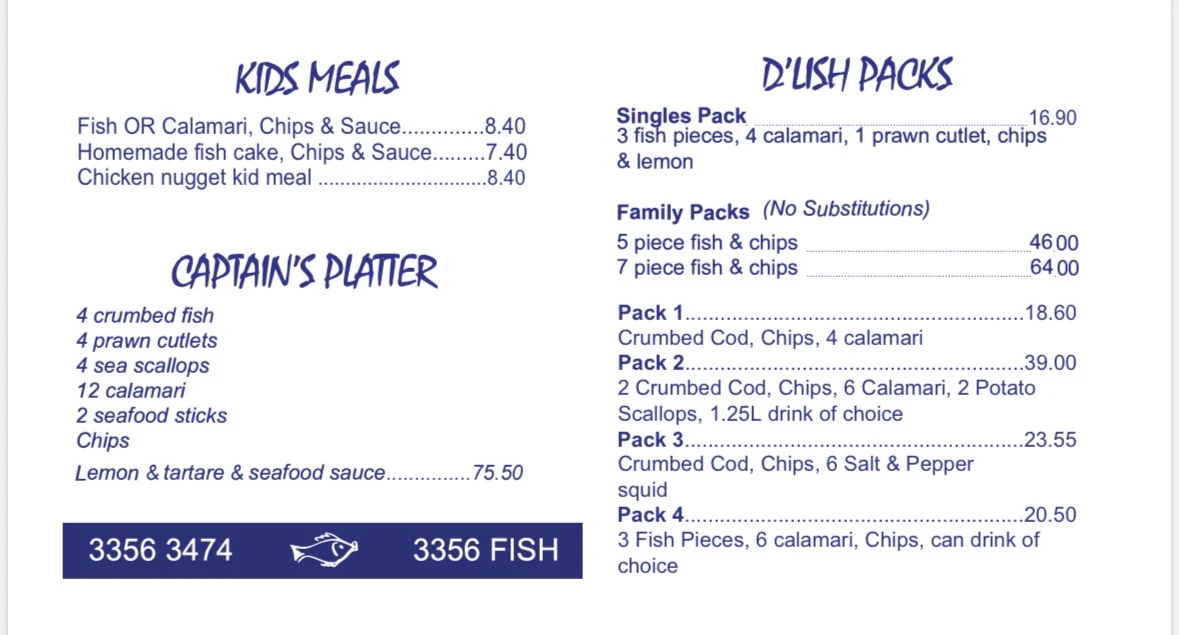 Menu, D'lish Fish and Chippery