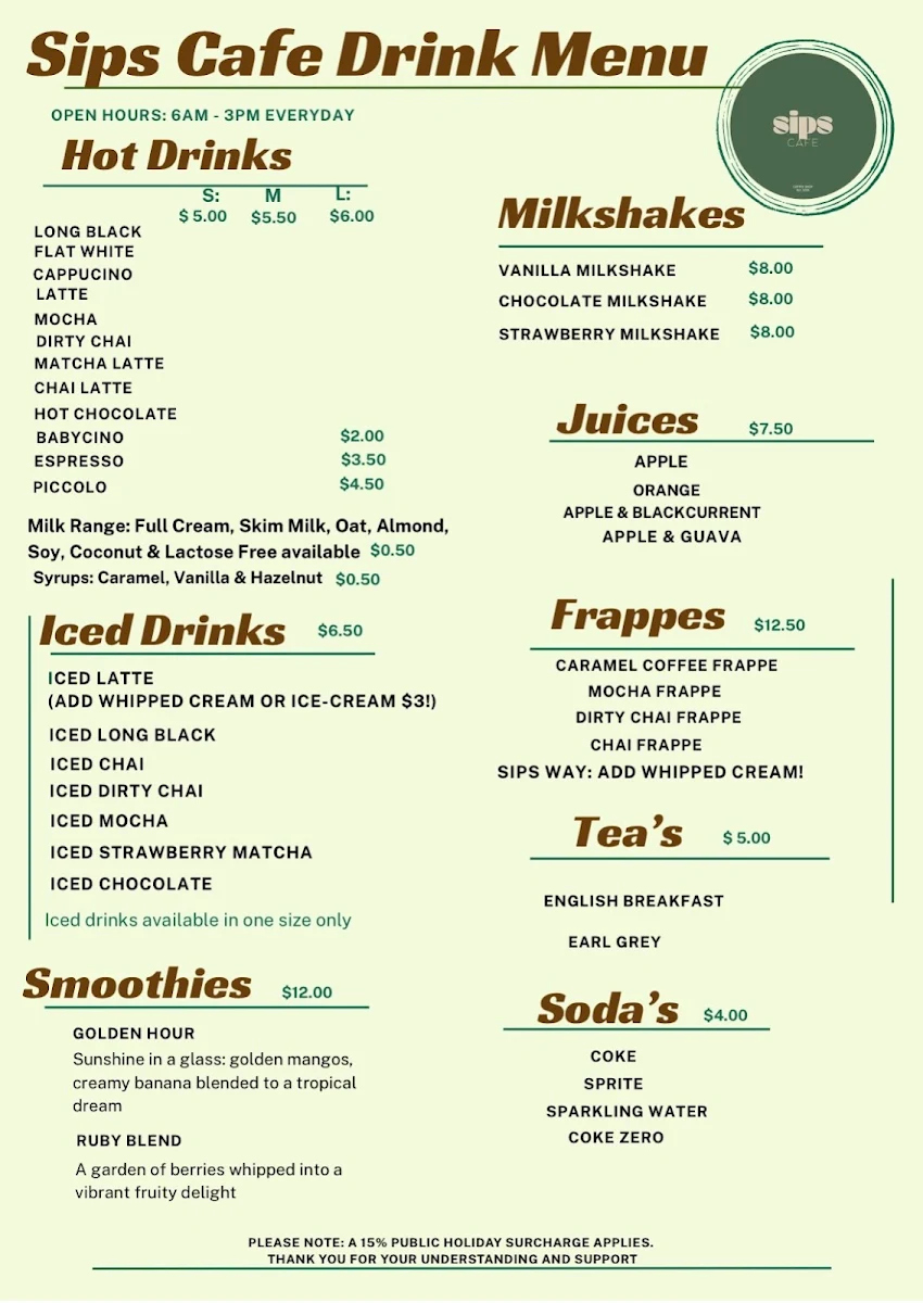 Menu, SipsCafe