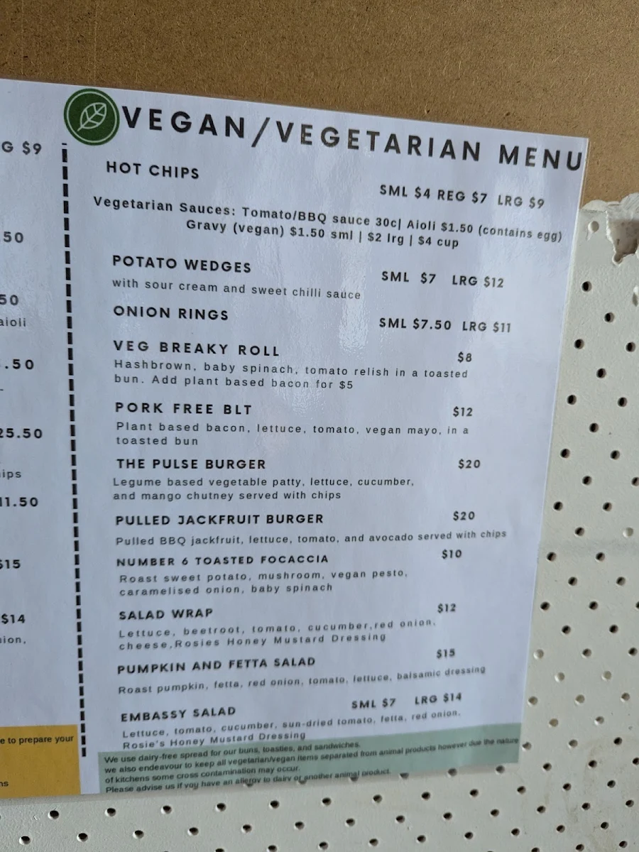 Menu, The Embassy Baradine