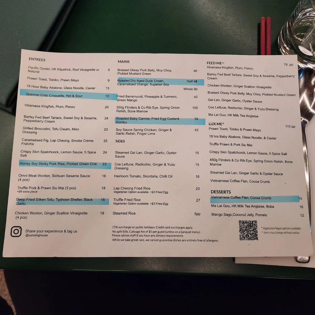 Menu, Yum Sing House Restaurant