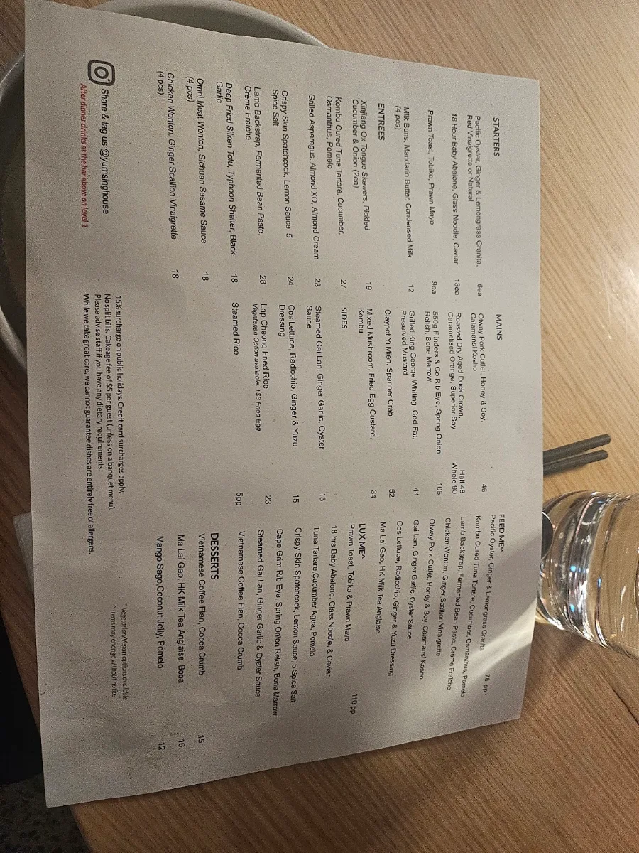 Menu, Yum Sing House Restaurant